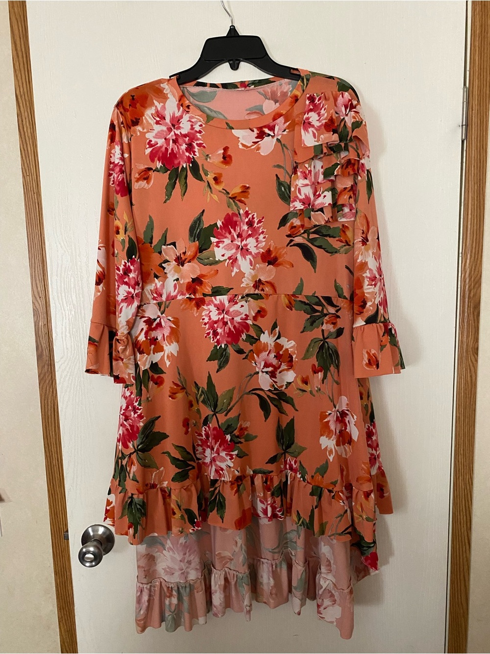 Peach Floral Custom High-Low Ruffle Dress Top Tunic XL